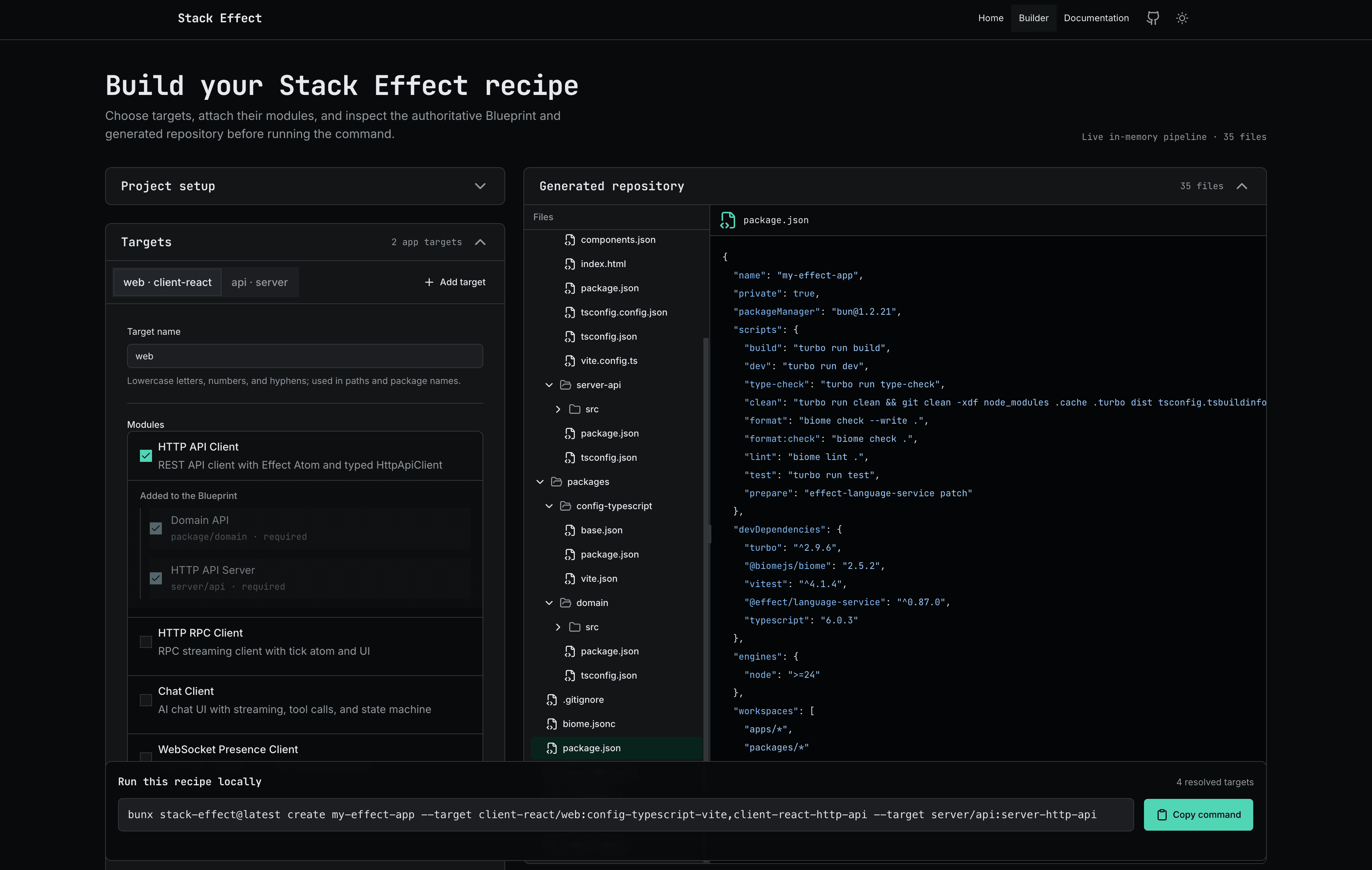 Stack Effect recipe builder showing selected modules and the generated repository produced by its live in-memory pipeline